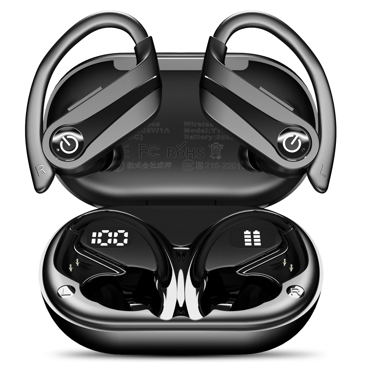Faxoimu Wireless Earbuds 120H Playback Bluetooth 6.1 Headphones IPX7 Waterproof Stereo Bass Over-Ear Headphones with Earhooks Microphone LED Battery Display for Sports Running Workouts