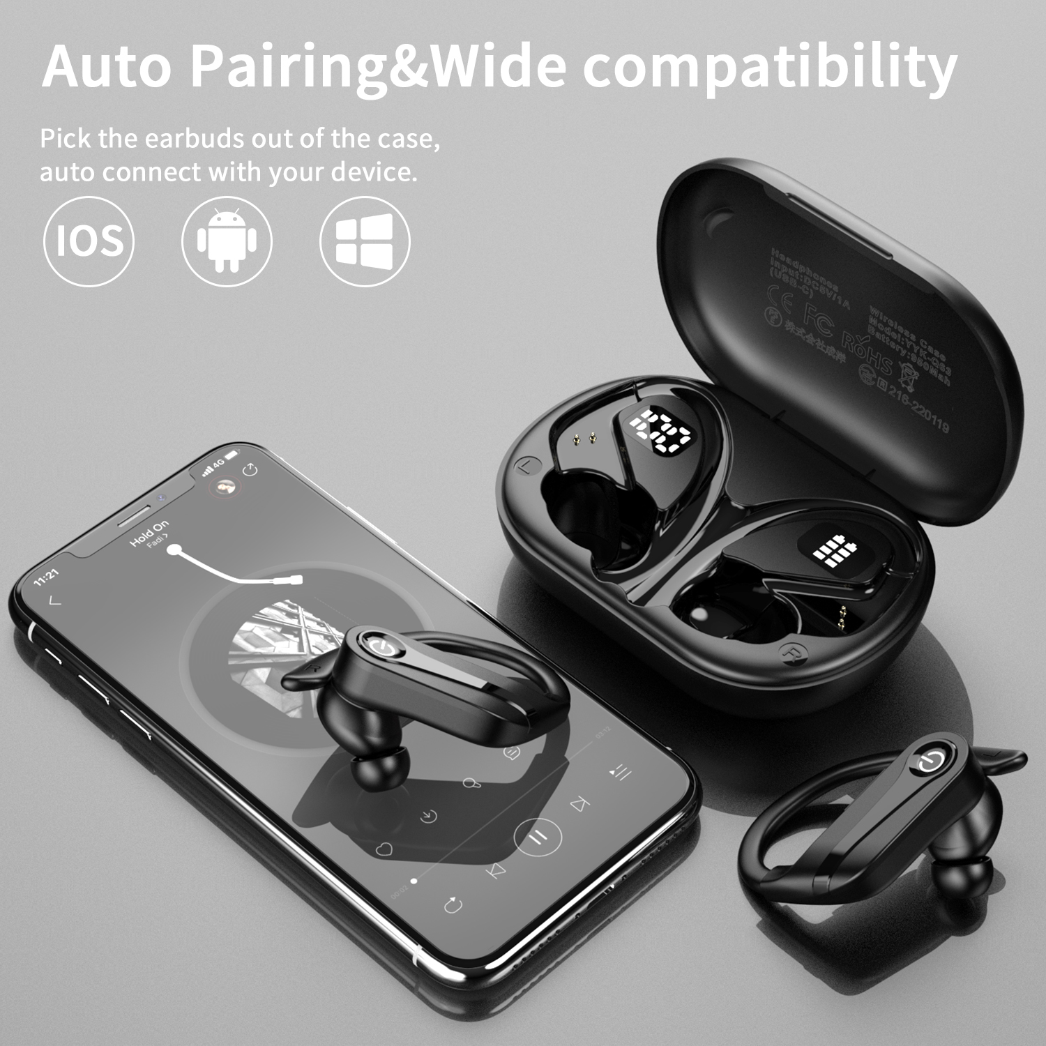 Faxoimu Wireless Earbuds 120H Playback Bluetooth 6.1 Headphones IPX7 Waterproof Stereo Bass Over-Ear Headphones with Earhooks Microphone LED Battery Display for Sports Running Workouts - Image 2