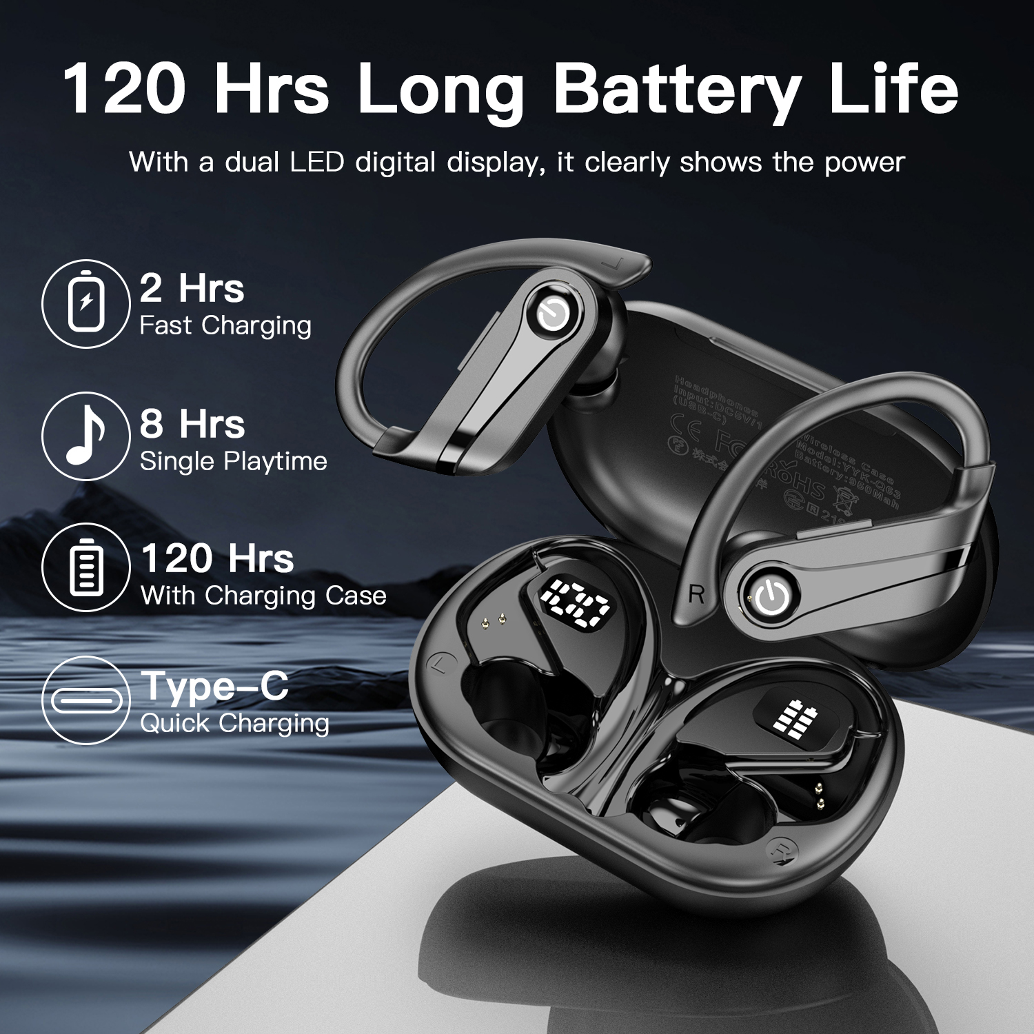 Faxoimu Wireless Earbuds 120H Playback Bluetooth 6.1 Headphones IPX7 Waterproof Stereo Bass Over-Ear Headphones with Earhooks Microphone LED Battery Display for Sports Running Workouts - Image 4
